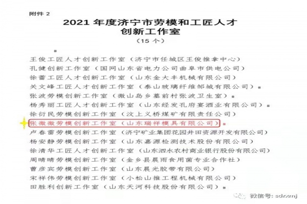 喜報-瑞祥模具榮獲“濟寧市全員創(chuàng)新企業(yè)”，張微微工匠工作室榮獲“濟寧市勞模創(chuàng)新工作室?”